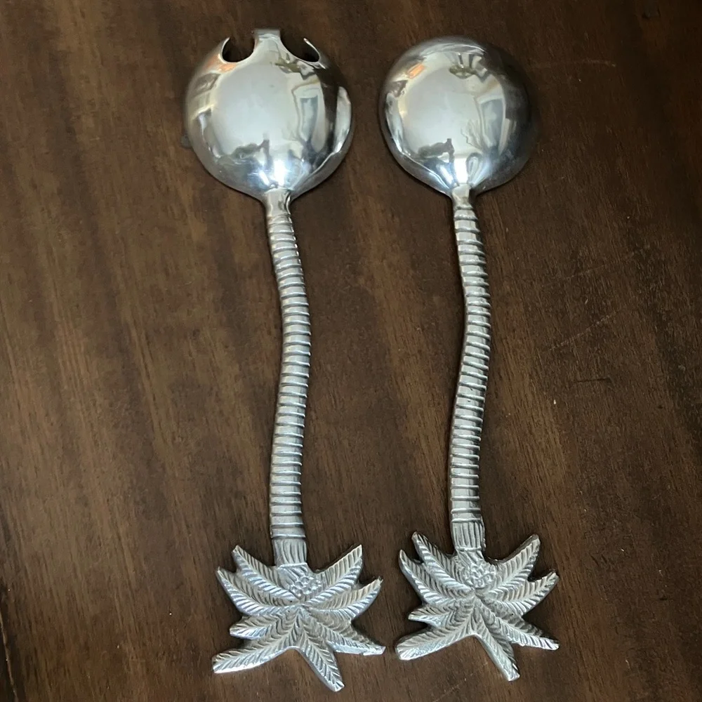 Pewter Salad Serving Set - 2 Piece Palm Tree 13 inches Long